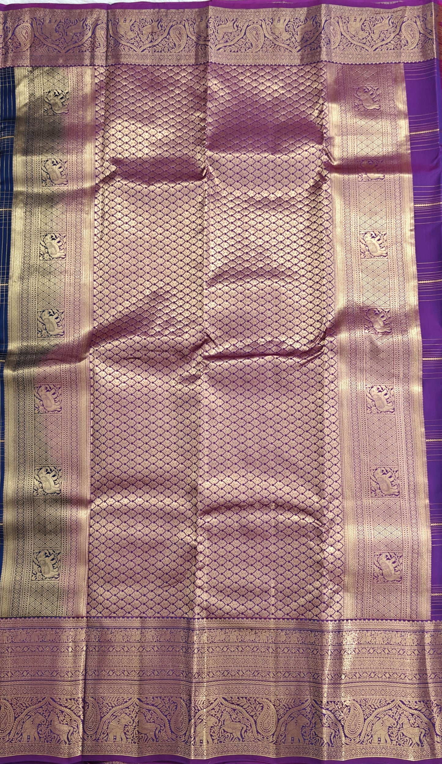 Dark Blue Pure Silk Saree with Purple Border