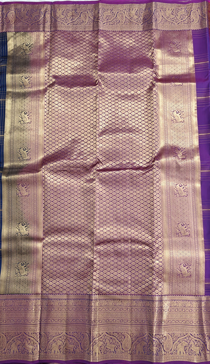 Dark Blue Pure Silk Saree with Purple Border