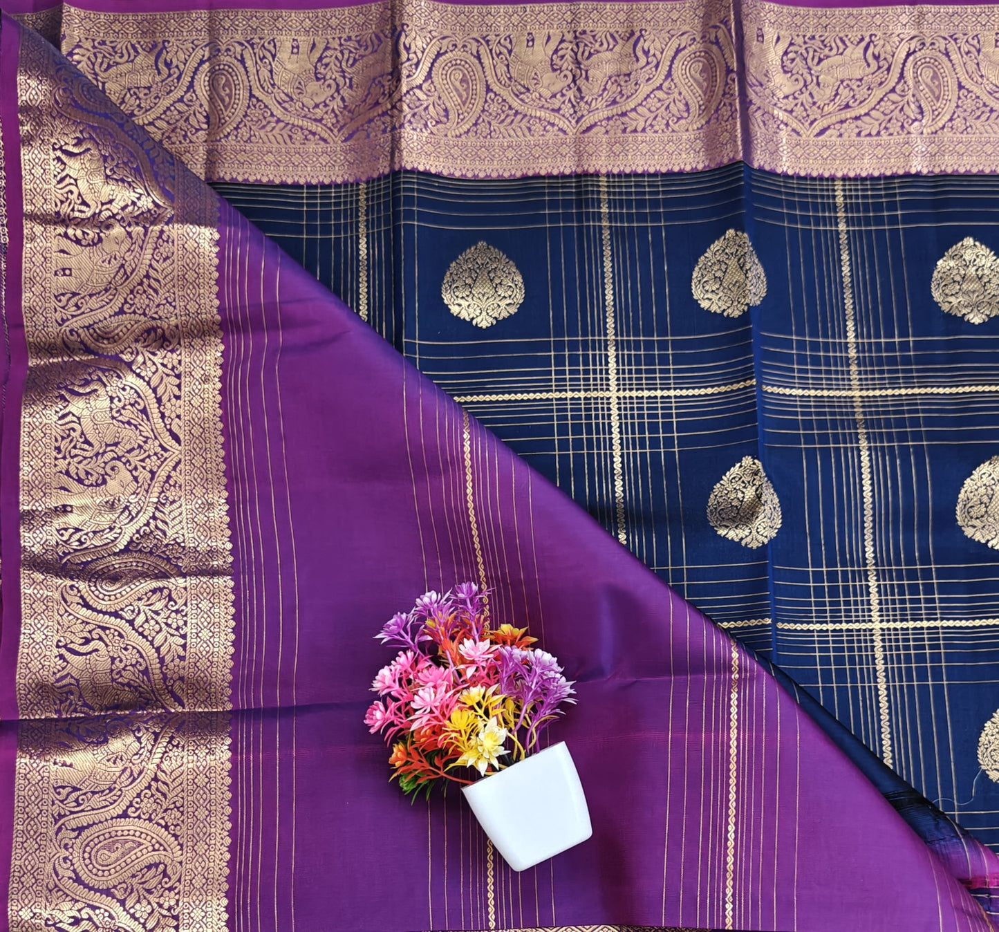 Dark Blue Pure Silk Saree with Purple Border