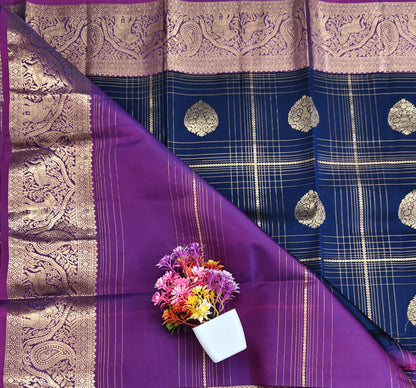 Dark Blue Pure Silk Saree with Purple Border