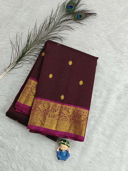 Brown Pure Silk Saree With Pink Border