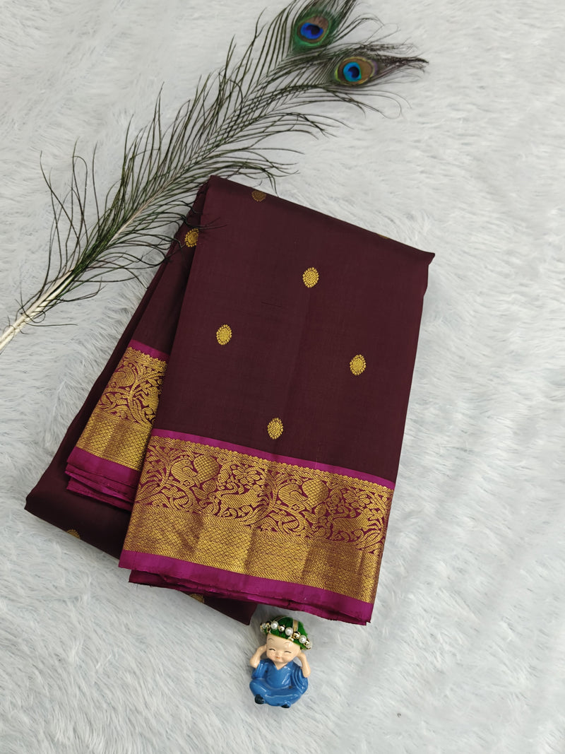 Brown Pure Silk Saree With Pink Border