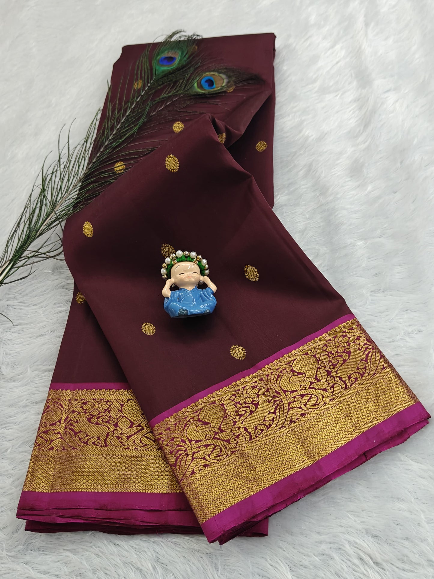 Brown Pure Silk Saree With Pink Border