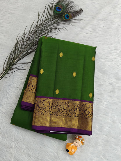 Parrot Green Pure Silk Saree With Purple Border