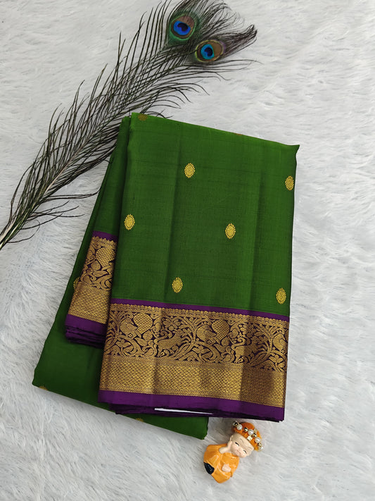 Parrot Green Pure Silk Saree With Purple Border