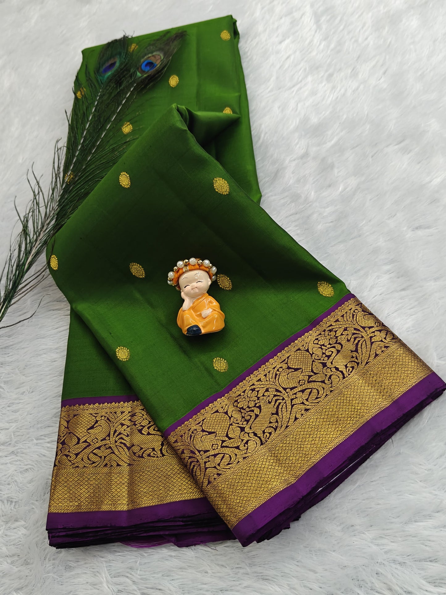 Parrot Green Pure Silk Saree With Purple Border