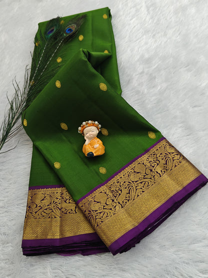 Parrot Green Pure Silk Saree With Purple Border