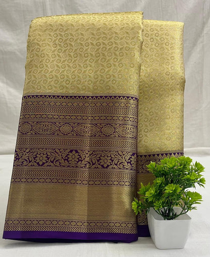 Kanchipuram Pure Silk Saree - Sandal Colour with Purple Big Border Fancy Design