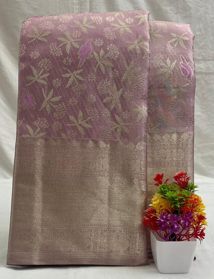 Kanchipuram Silk Saree - Pastel Tissue Lite Pink Traditional Design