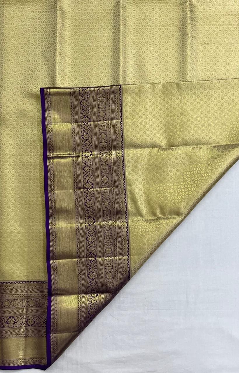 Kanchipuram Pure Silk Saree - Sandal Colour with Purple Big Border Fancy Design
