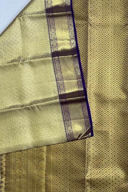 Kanchipuram Pure Silk Saree - Sandal Colour with Purple Big Border Fancy Design