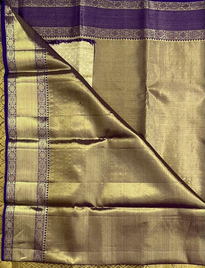 Kanchipuram Pure Silk Saree - Sandal Colour with Purple Big Border Fancy Design