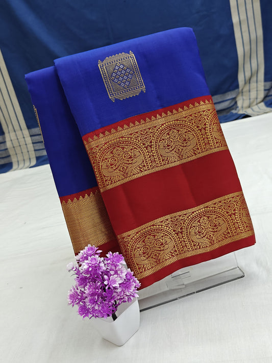 Kanchipuram Pure Silk Saree - Royal Blue & Red with Gold Zari Vintage Border