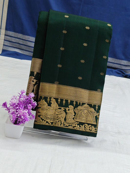 Kanchipuram Pure Silk Saree - Dark Green with Traditional Gold Temple Border