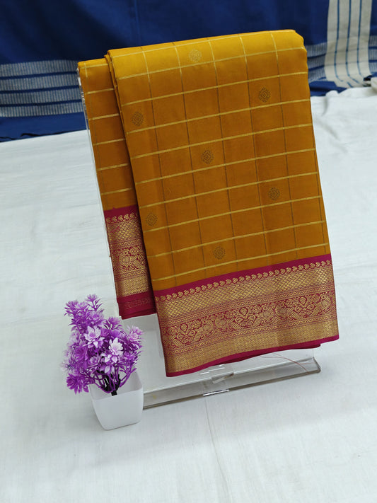 Kanchipuram pure silk saree - Mustard Yellow with Pink Border Traditional Zari Design