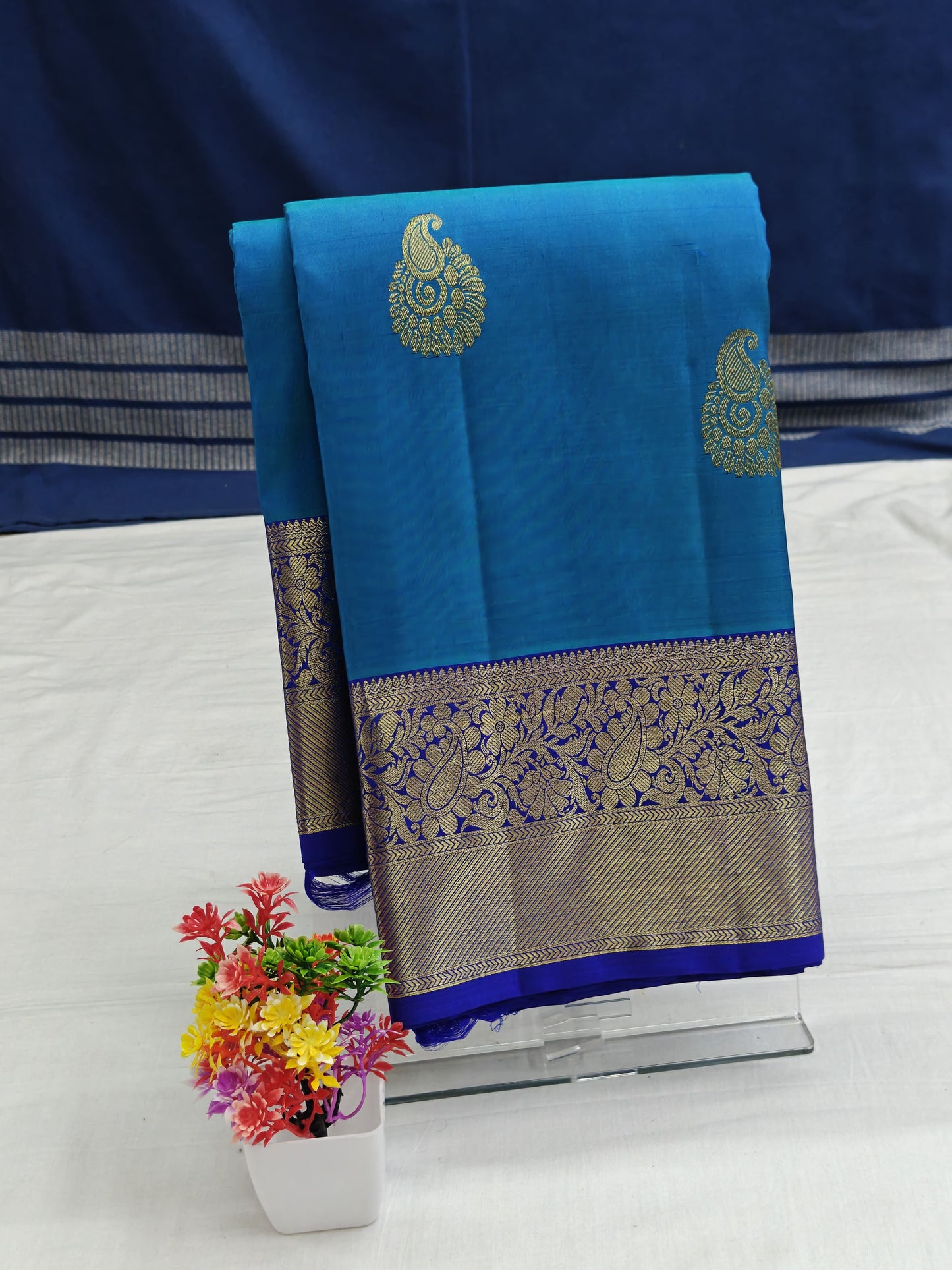 Kanchipuram Pure Silk Saree – Teal Blue with Gold Zari Border
