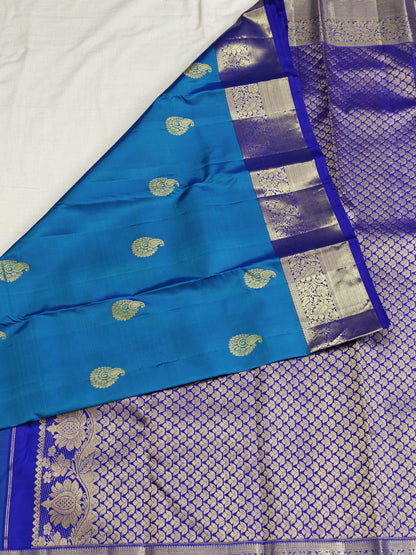 Kanchipuram Pure Silk Saree – Teal Blue with Gold Zari Border