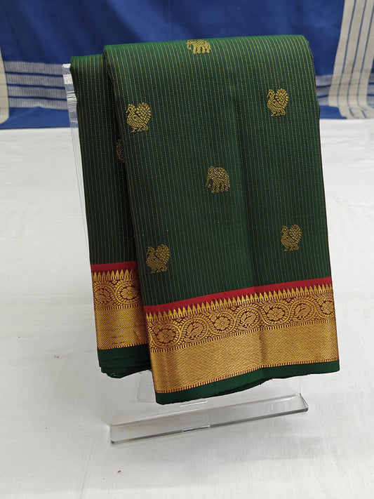 Kanchipuram Pure Silk Saree - Bottle Green with Vaira Oosi Design