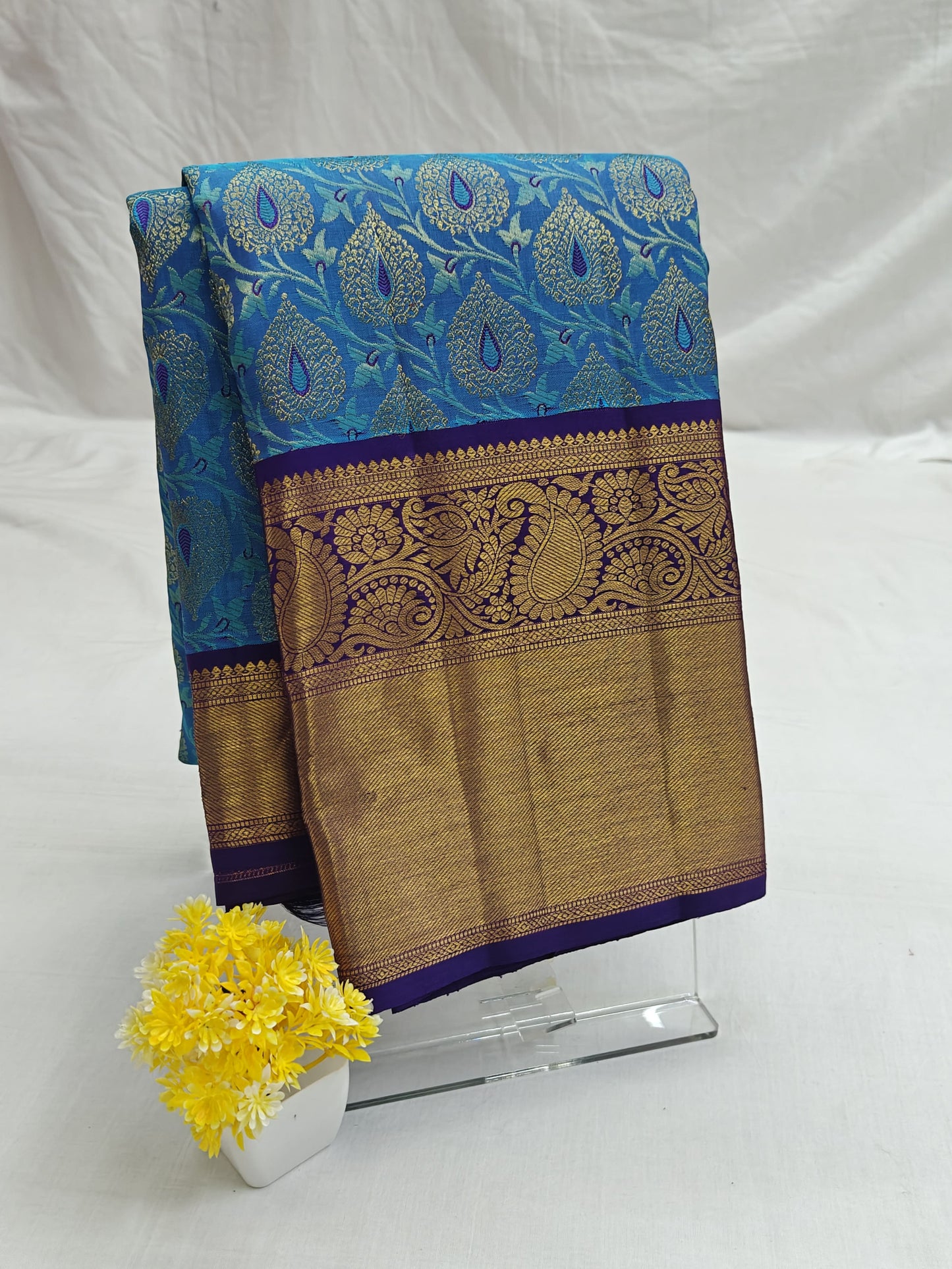 Kanchipuram Bridal Silk Saree - Peacock Blue with Rich Gold Zari Border