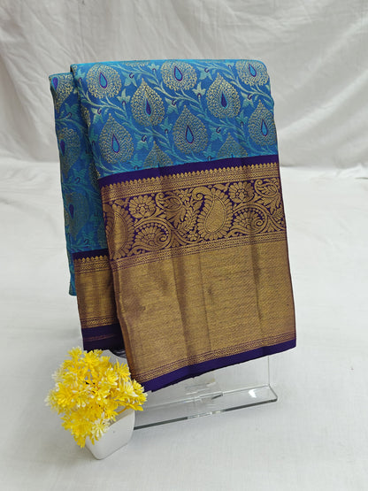 Kanchipuram Bridal Silk Saree - Peacock Blue with Rich Gold Zari Border