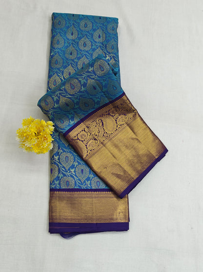 Kanchipuram Bridal Silk Saree - Peacock Blue with Rich Gold Zari Border