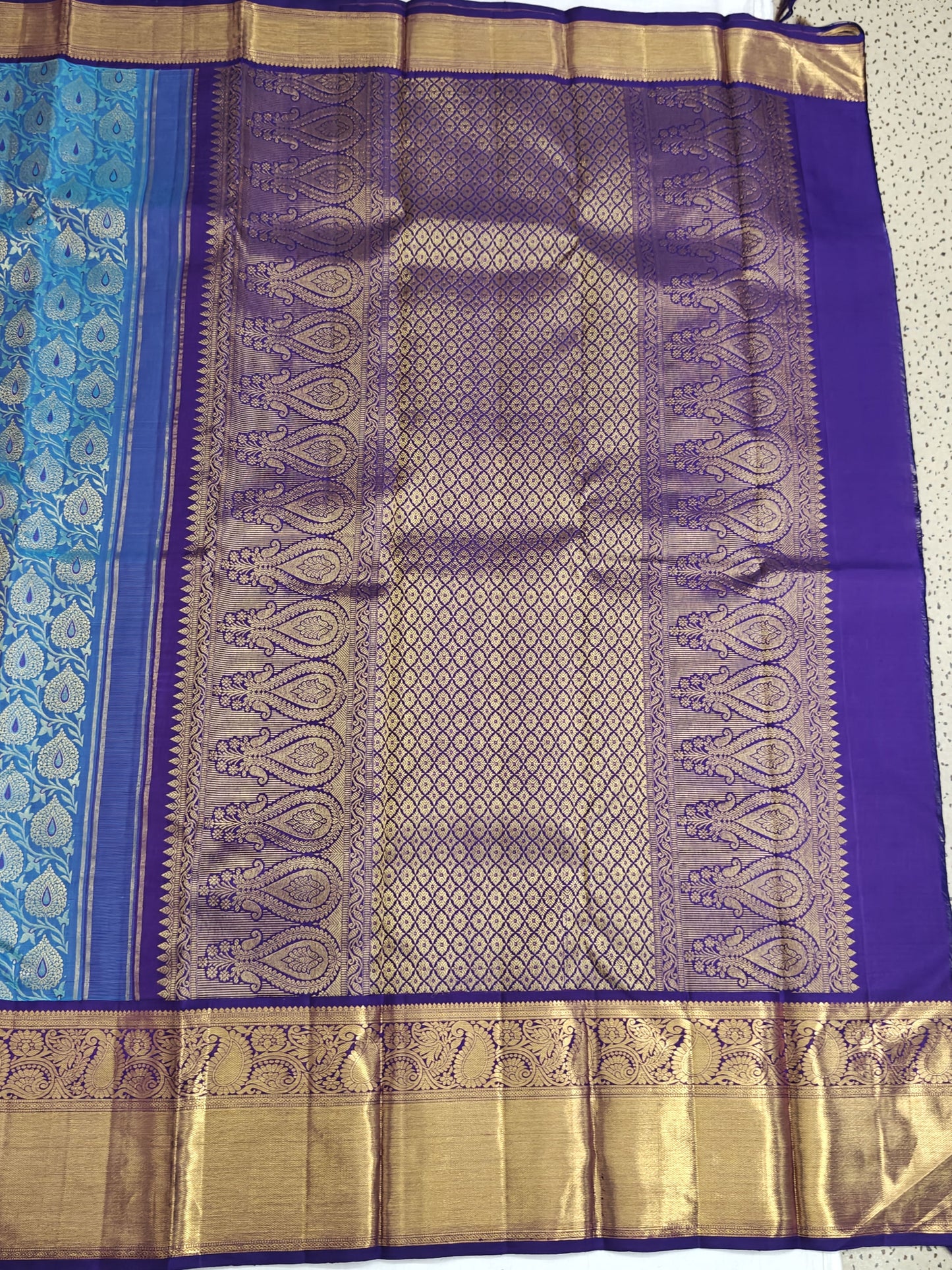 Kanchipuram Bridal Silk Saree - Peacock Blue with Rich Gold Zari Border