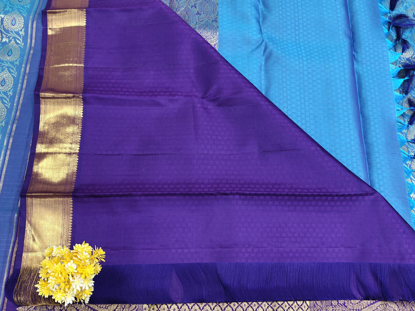 Kanchipuram Bridal Silk Saree - Peacock Blue with Rich Gold Zari Border