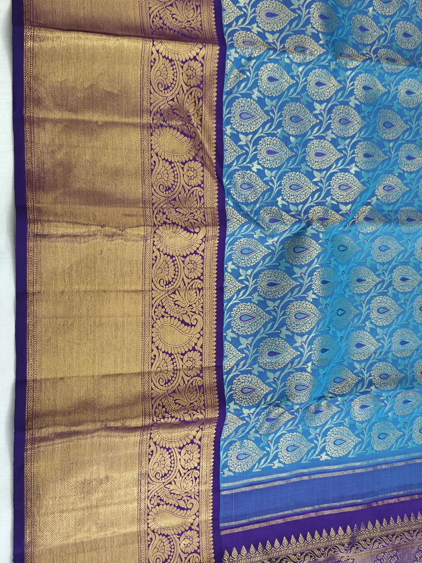 Kanchipuram Bridal Silk Saree - Peacock Blue with Rich Gold Zari Border