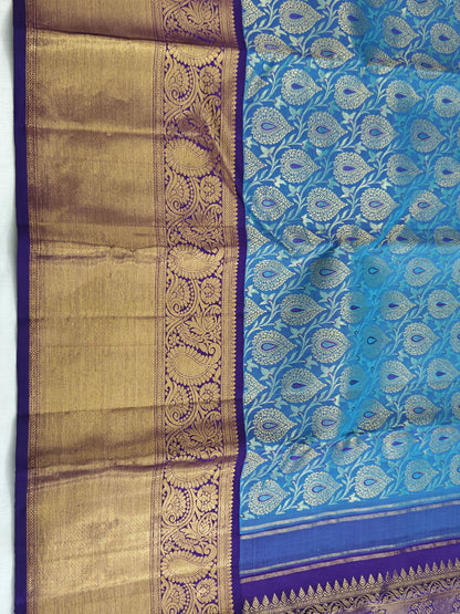Kanchipuram Bridal Silk Saree - Peacock Blue with Rich Gold Zari Border