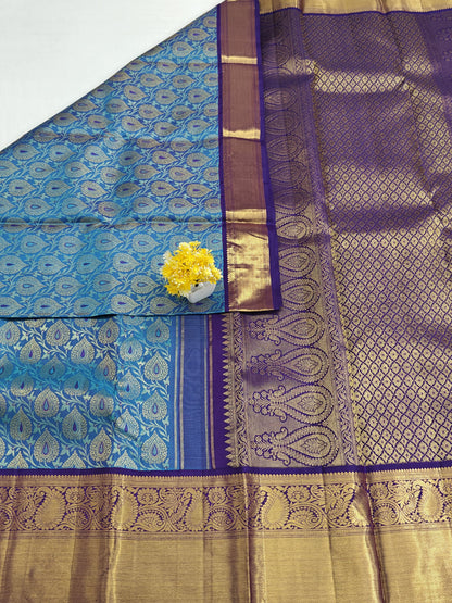 Kanchipuram Bridal Silk Saree - Peacock Blue with Rich Gold Zari Border