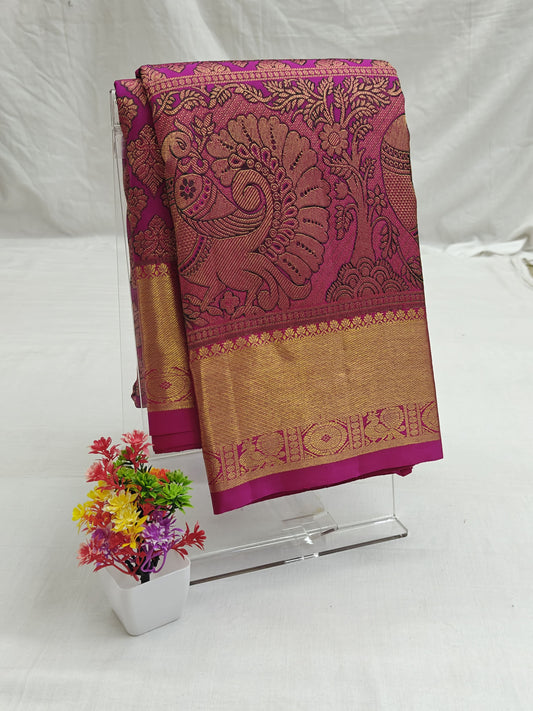 Kanchipuram Pure Bridal Silk Saree - Rani Pink with Gold Zari Border