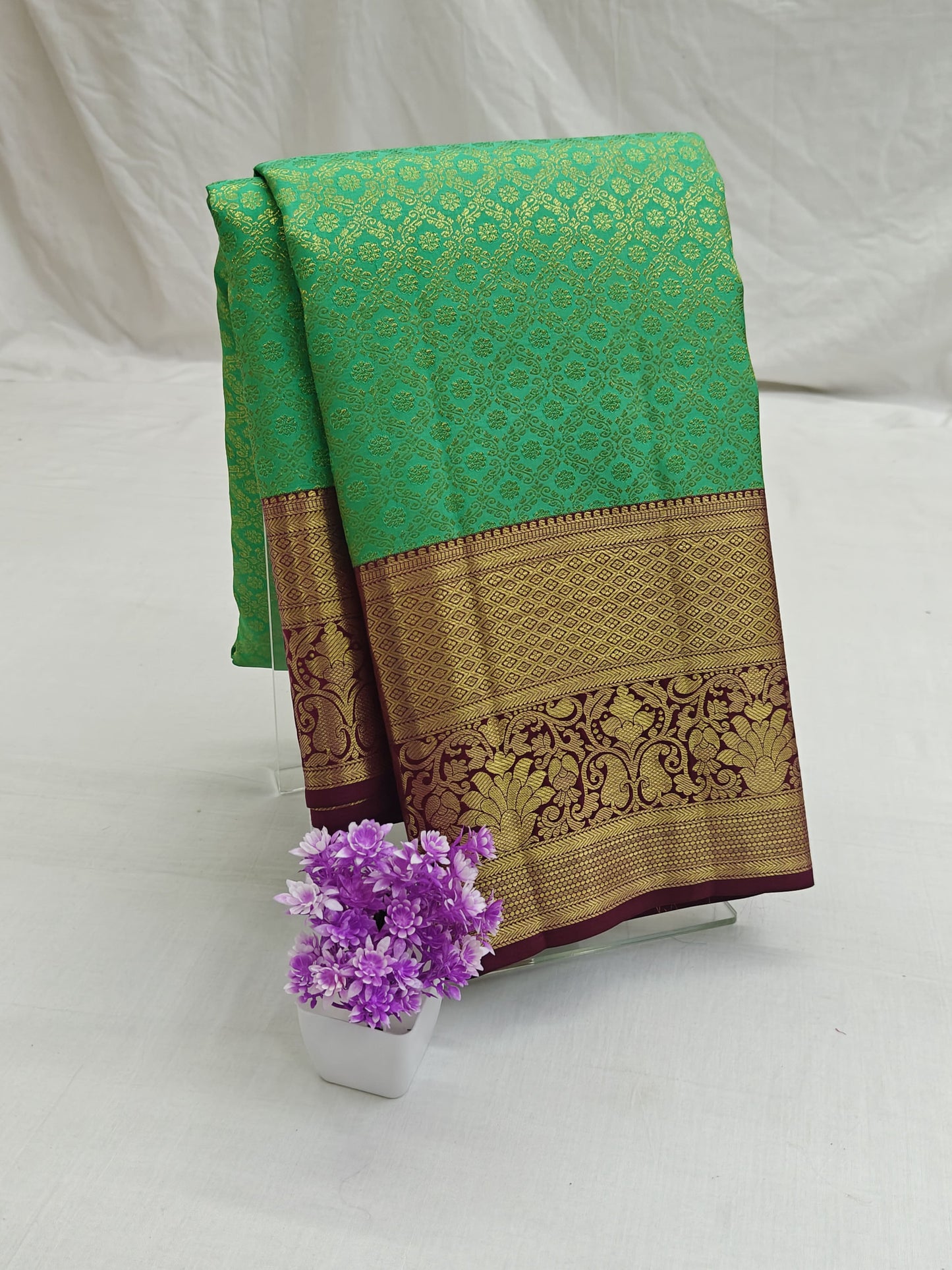 Kanchipuram  Bridal Silk Saree - Parrot Green with Maroon Border