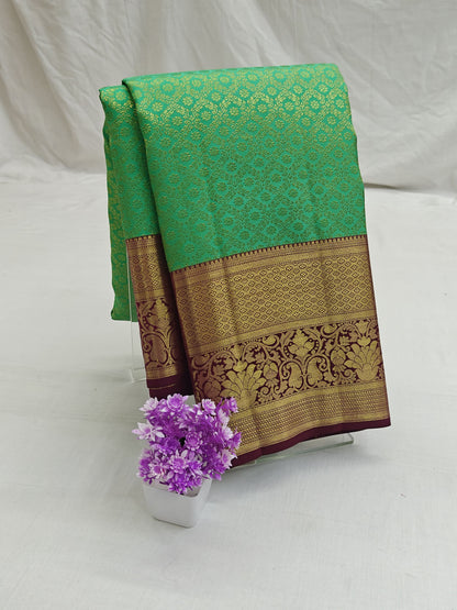 Kanchipuram  Bridal Silk Saree - Parrot Green with Maroon Border