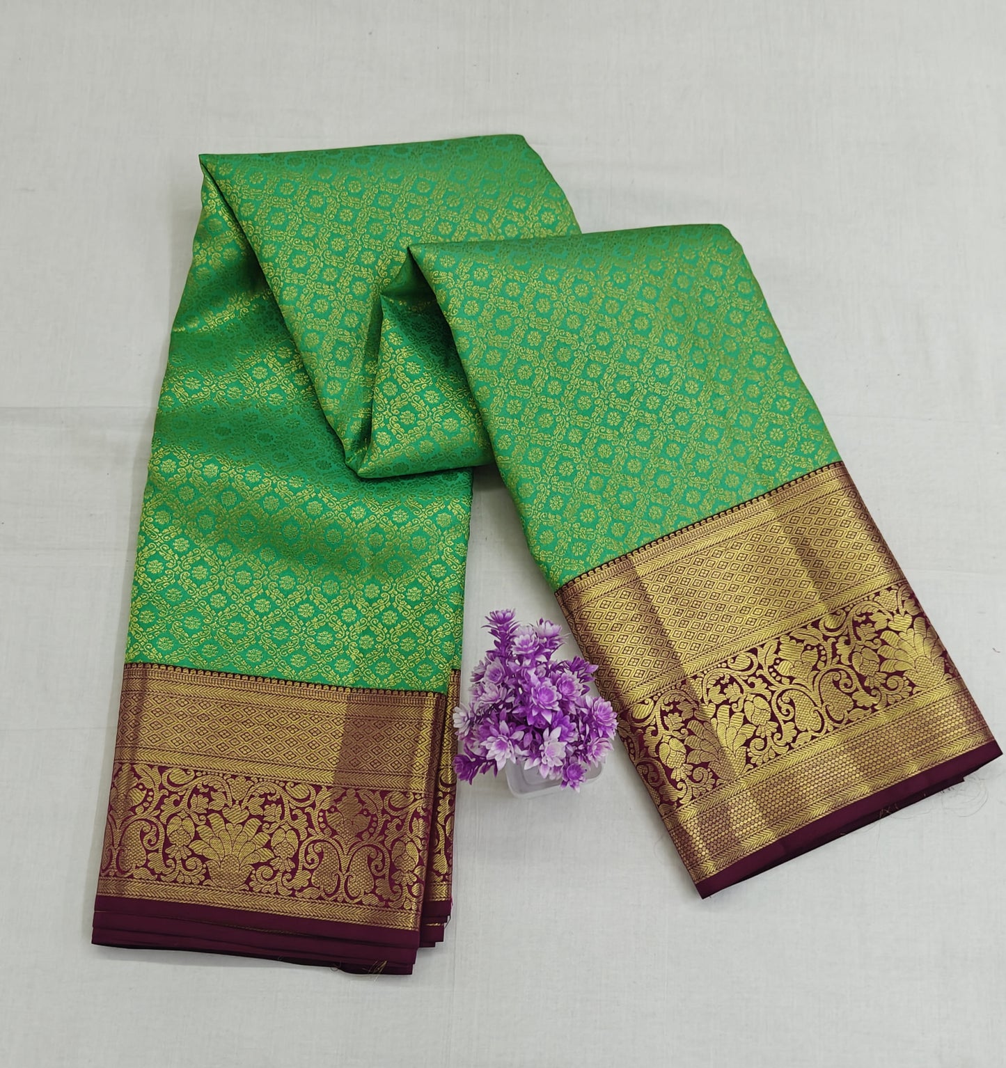 Kanchipuram  Bridal Silk Saree - Parrot Green with Maroon Border