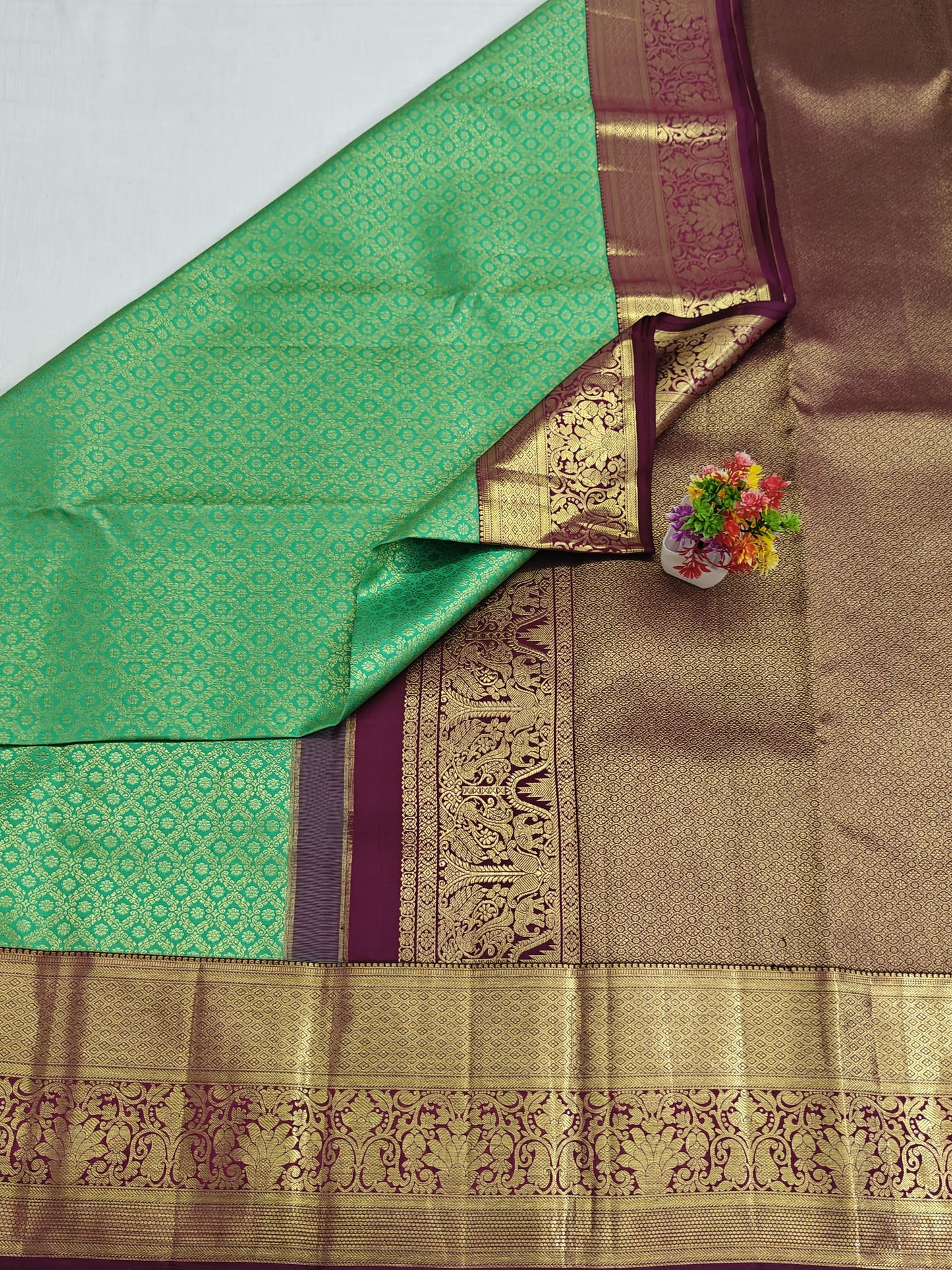 Kanchipuram  Bridal Silk Saree - Parrot Green with Maroon Border