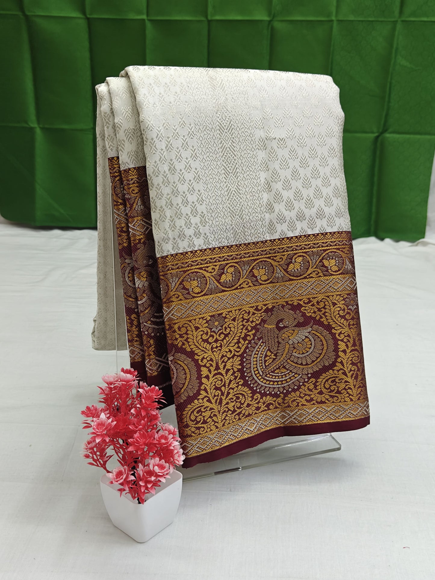 Kanchipuram Bridal Silk Saree - Off-White with Grand Maroon Gold Zari Border