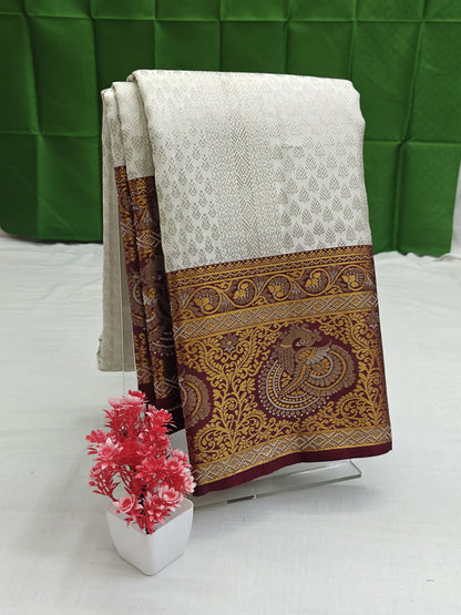 Kanchipuram Bridal Silk Saree - Off-White with Grand Maroon Gold Zari Border