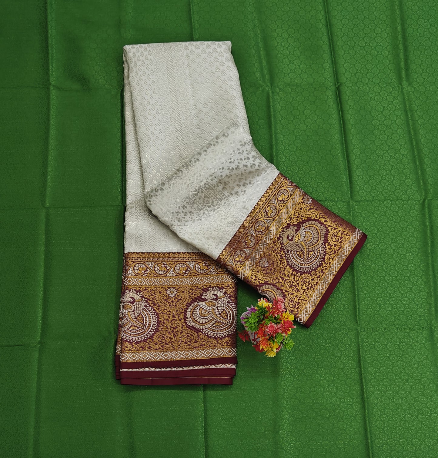 Kanchipuram Bridal Silk Saree - Off-White with Grand Maroon Gold Zari Border
