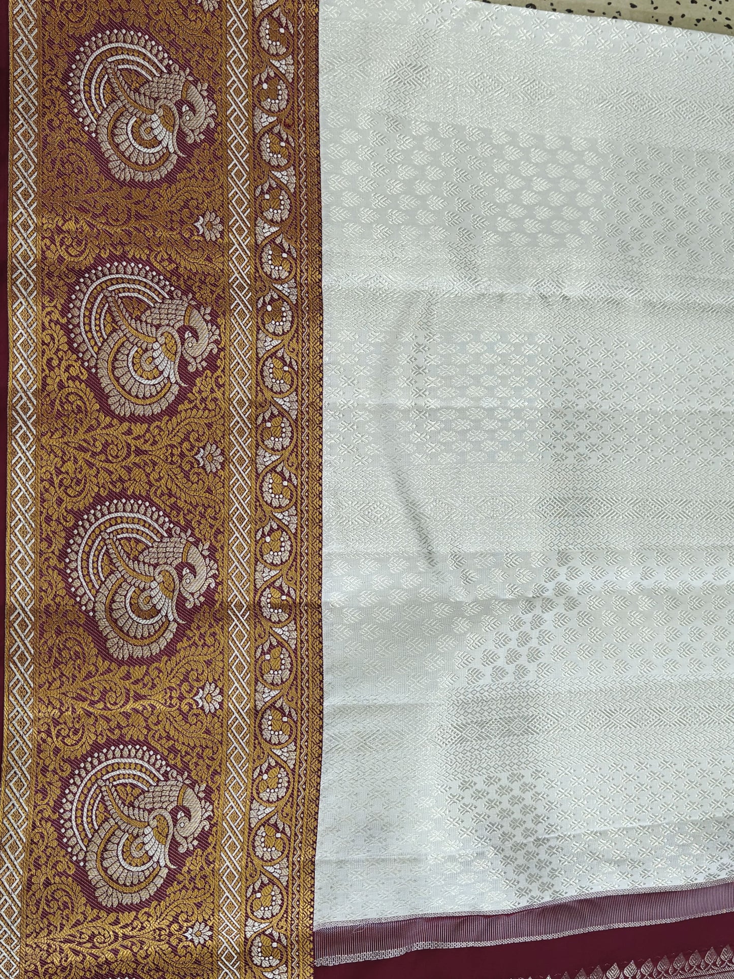 Kanchipuram Bridal Silk Saree - Off-White with Grand Maroon Gold Zari Border
