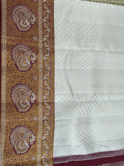 Kanchipuram Bridal Silk Saree - Off-White with Grand Maroon Gold Zari Border