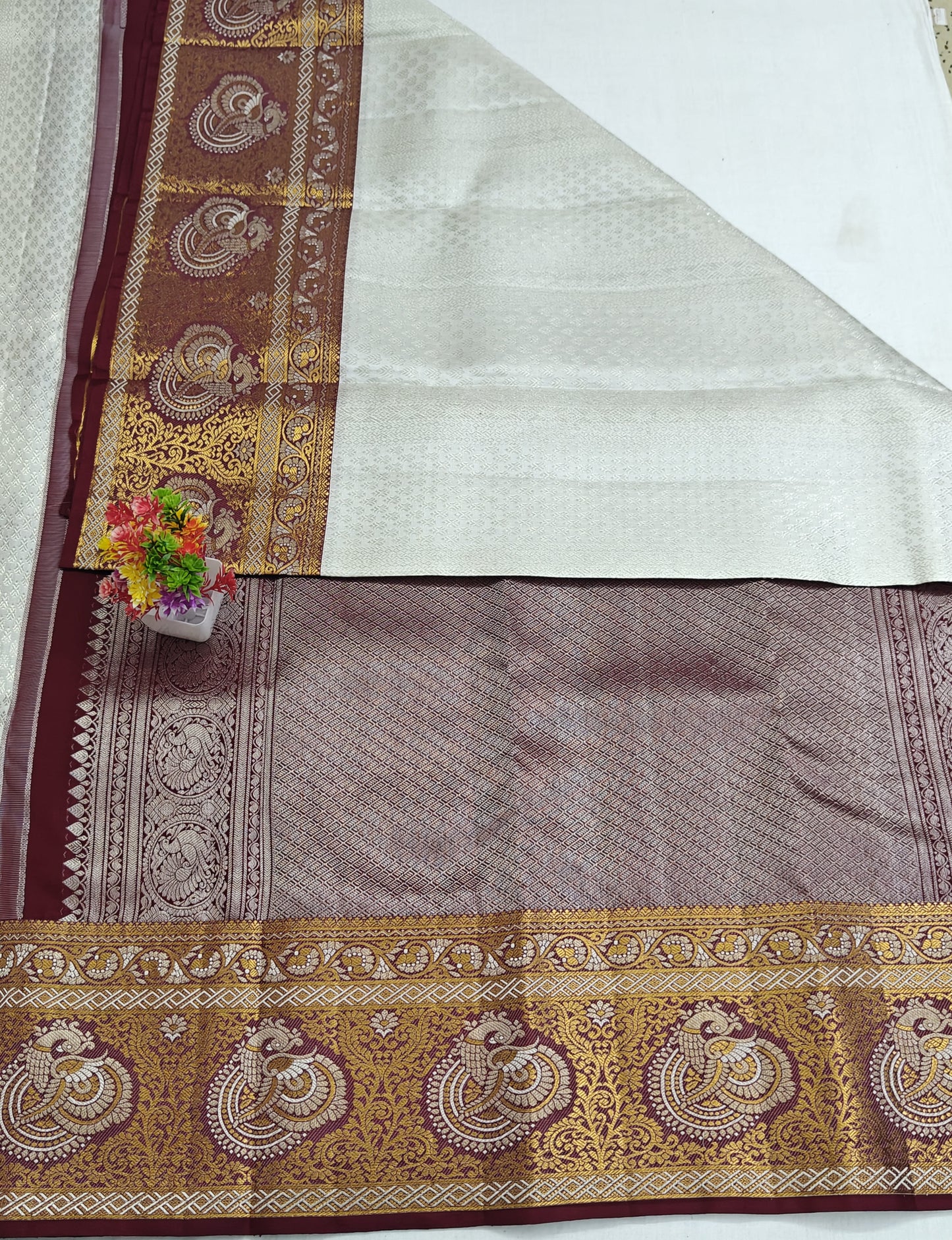 Kanchipuram Bridal Silk Saree - Off-White with Grand Maroon Gold Zari Border