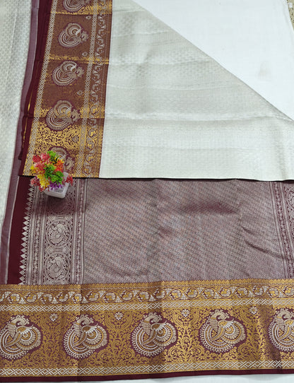 Kanchipuram Bridal Silk Saree - Off-White with Grand Maroon Gold Zari Border
