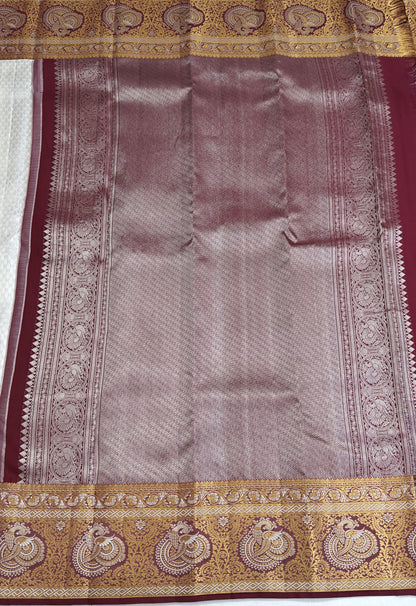 Kanchipuram Bridal Silk Saree - Off-White with Grand Maroon Gold Zari Border
