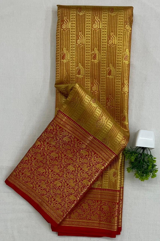 Kanchipuram Pure Tissue Bridal Saree - Gold with Red Contrast Border