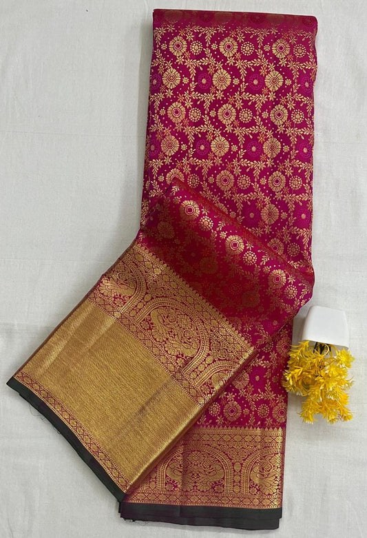 Kanchipuram Pure Bridal Saree - Rani Pink with Contrast Blouse