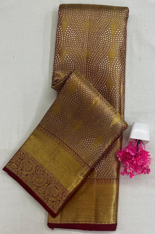 Kanchipuram Pure Tissue Bridal Saree - Gold Tissue with Rich Zari Border