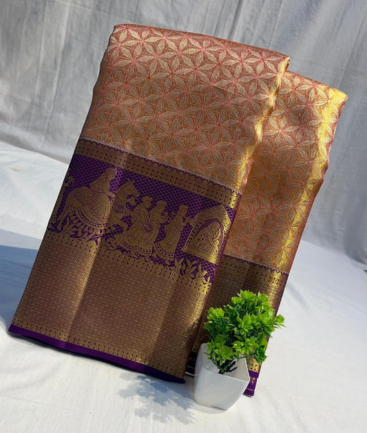 Kanchipuram Pure Tissue Bridal Saree - Gold with Purple Contrast Border