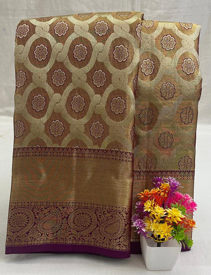 Kanchipuram Tissue Bridal Silk Saree - Gold with Wine Border