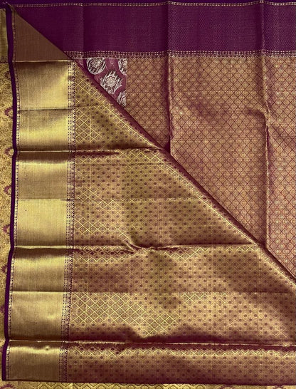 Kanchipuram Tissue Bridal Silk Saree - Gold with Wine Border