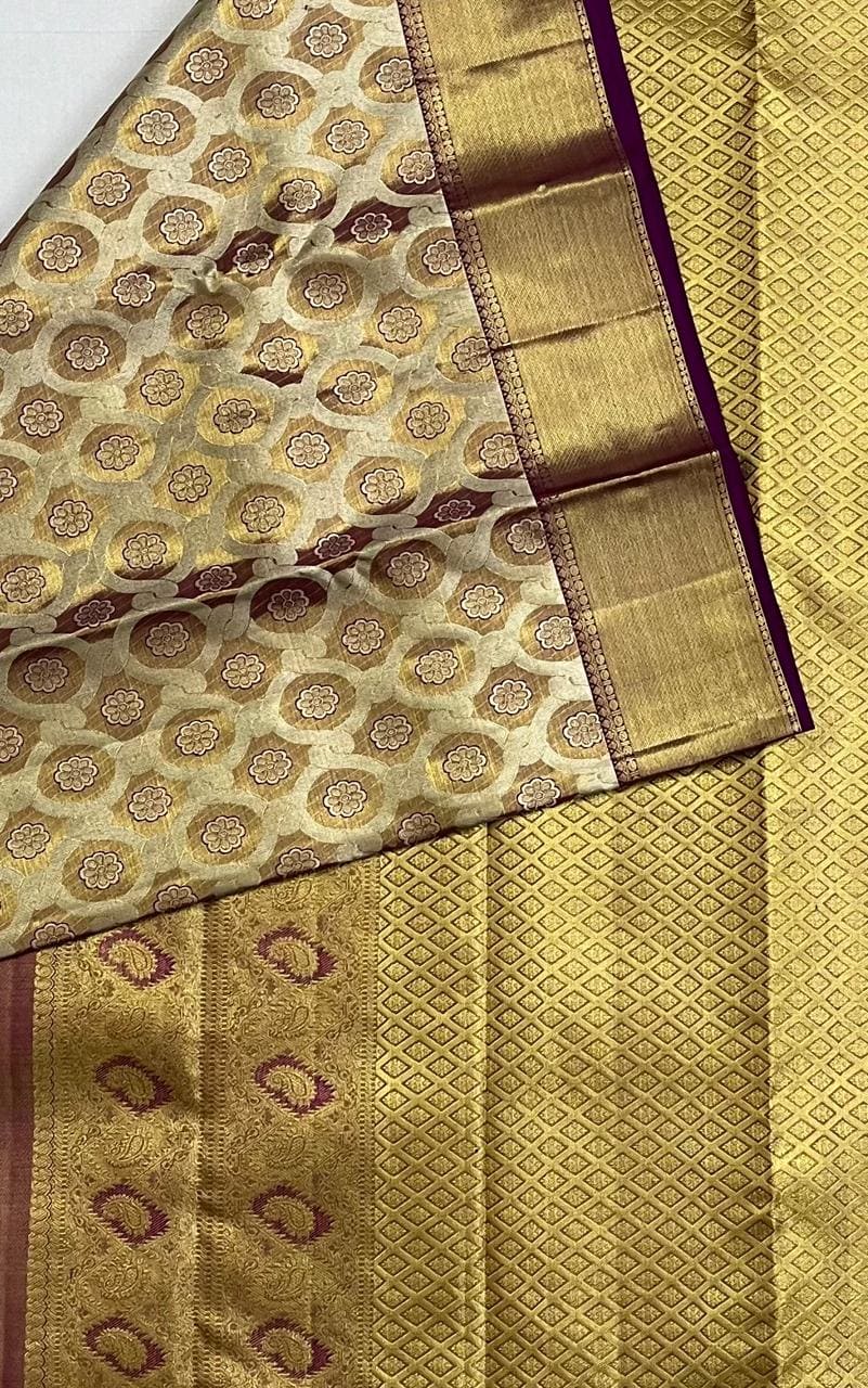 Kanchipuram Tissue Bridal Silk Saree - Gold with Wine Border